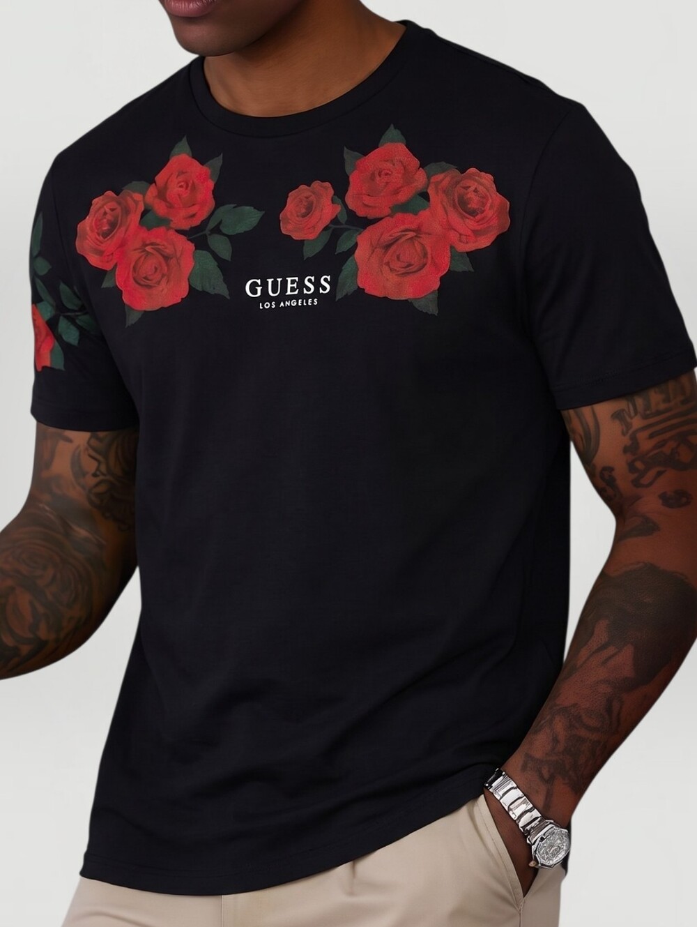 Guess Los Angeles Rose Graphic Tee Medium Black Longline Men's Short Sleeves‎